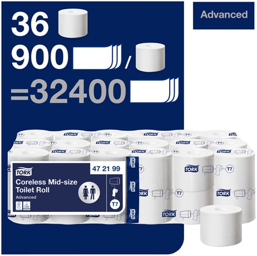 Toiletpapier Tork T7 hulsloos advanced mid-size 2-laags 900vel wit 472199-2