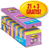 Memoblok Post-it 654 Super Sticky 76x76mm 21+3 gratis assorti