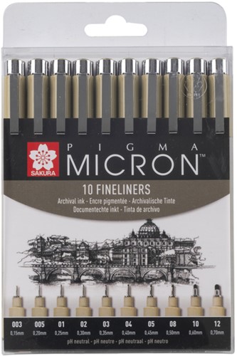 Fineliner Sakura Pigma Micron set à 10 schrijfbreedtes zwart