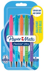 Balpen Paper Mate Flexgrip drukknop Bright fun medium schrijfkleur blauw blister à 5 stuks