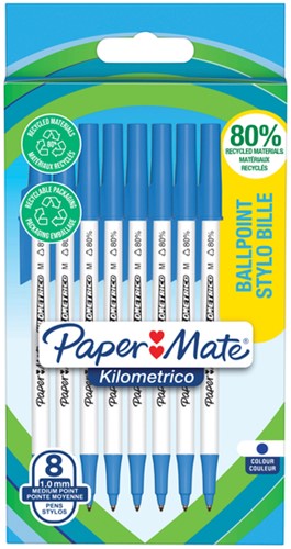 Balpen Paper Mate Kilometrico Recycled blauw medium blister à 8 stuks