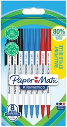 Balpen Paper Mate Kilometrico Recycled assorti medium blister à 8 stuks