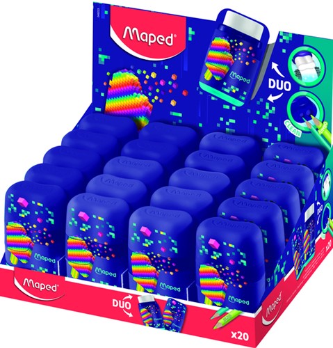 Puntenslijper Maped Pixel Party Connect 2-gaats met gum display à 20 stuks