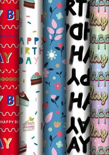 Inpakpapier Stewo Happy Birthday 200x70cm  assorti