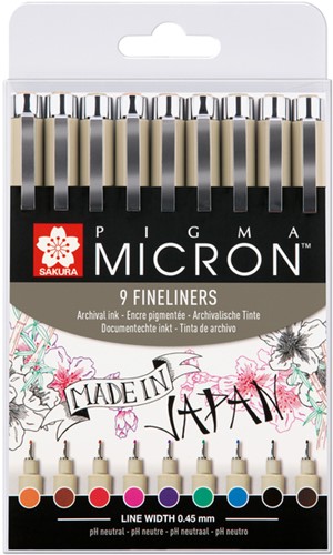 Fineliner Sakura Pigma Micron 05 0.45mm set à 9 kleuren