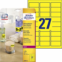 Etiket Avery L6004-25 63.5x29.6 neon geel 675 etiketten