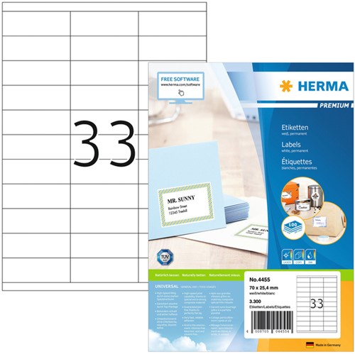 Etiket HERMA 4455 70x25.4mm premium wit 3300stuks