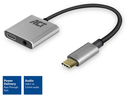 ACT AC7005 USB-C naar 3,5mm jack audio adapter en PD pass through