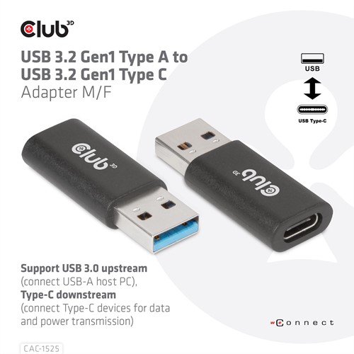 CLUB3D CAC-1525 tussenstuk voor kabels USB A USB TYPE C Zwart-3