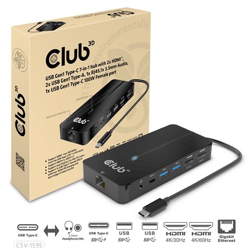 CLUB3D Type-C 7-in-1 hub met 2x HDMI, 2x USB Gen1 Type-A, 1x RJ45, 1x 3.5mm Audio,1x USB Gen1 Type-C 100W Displaylink chip geschikt voor apple m1-2