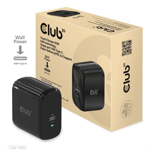 CLUB3D Travel Charger 65W GAN technology, Single port USB Type-C, Power Delivery(PD) 3.0 Support ( geschikt voor Apple macbooks 65W max)-2