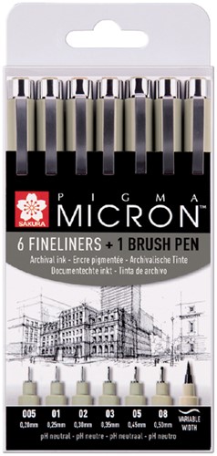 Fineliner Sakura Pigma Micron ass + brushpen zwart