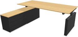 Voortman Hi Tee zit/sta bureautafel met pootvervangende kast en wangpoot, bediening hoog/laag onder blad, 3xT3 lade, blad 18mm dik. Afmeting kasten combinatie (HxBxD): 54x160x40 cm