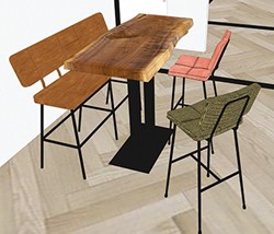 Hoge tafel kolompoot met boomstamblad, onderstel mat zwart hoogte 110cm met blad140x70cm