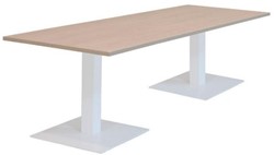 Huislijn kolom tafel recht 400x100cm (2x blad 200x100cm) met 3 vierkante voeten 50x50cm, vaste hoogte 75cm