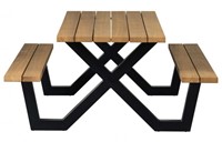 Outdoor picknicktafel, Thermo Ayous hout en x-poot metaal zwart. Afmeting 75x206x145cm (hxbxd).-3