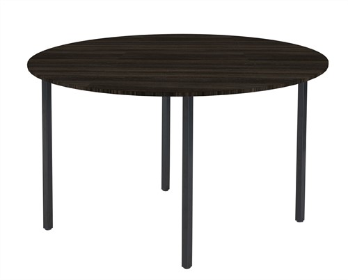 Huislijn standaard tafel rond 120cm vaste hoogte 75cm, blad in eiken donker, onderstel in zwart