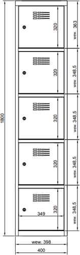 Lockerkast 5 hoog, lockers 40cm breed, voorzien van sokkel 14cm, in kleur wit. -2