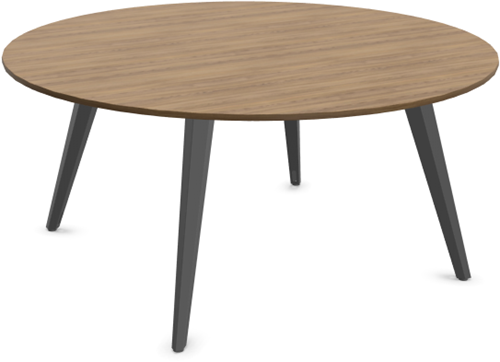 Voortman Tabs tafel 74cm hoog met blad 18mm haakse hoek. Blad Ø 160cm in donker iepen en onderstel grijs aluminium 