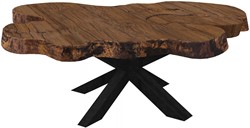 Eiken houten salontafel verlijmd. Afmeting rond 120cm waanmodel volledig afgewerkt en behandeld in een hard wax, olie of lak. Onderstel matrix poot mat zwart industrielak hoogte 49cm, koker 8cm