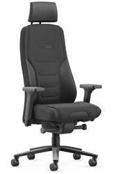 Interstuhl TwentyFour 24-uurs stoel, Amalfi leer. Synchroontechniek, zitdiepte-, zitneigverstelling en lendensteun. 5D wegklapbare armleggers en zwart aluminium voetenkruis. Verwisselbare topper.