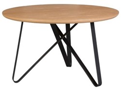 Salontafel Twister met stalen frame, massief eiken blad van 3cm dik en verjonge randafwerking.