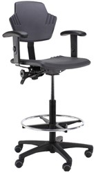Score stoel Spirit 1501, zitting PU. Hoogteverstelling 52 - 71cm, werkbladhoogte 80-100cm. In hoogte verstelbare voetenring