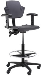 Score stoel Spirit 1501, zitting PU zwart. Hoogteverstelling 52 - 71cm, werkbladhoogte 80-100cm. In hoogte verstelbare voetenring,  alu onderstel, vaste zithoek, exclusief armleggers